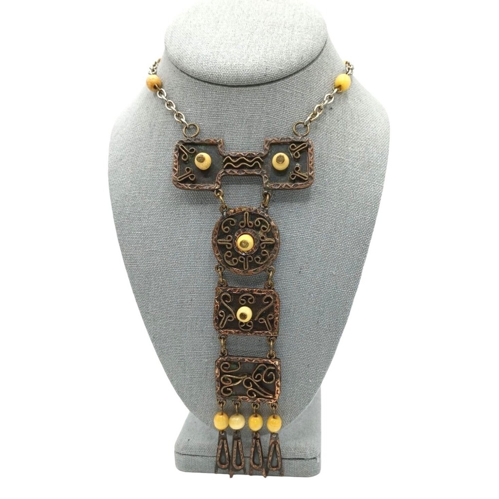 Vintage Mexican Necklace Modernist Articulating Panels Yellow Stones Mixed Metal